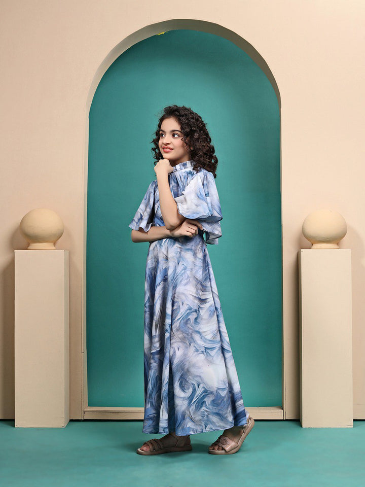 Sky Blue Colour Maslin shibori Printed Fit & Flare Maxi Length Dress