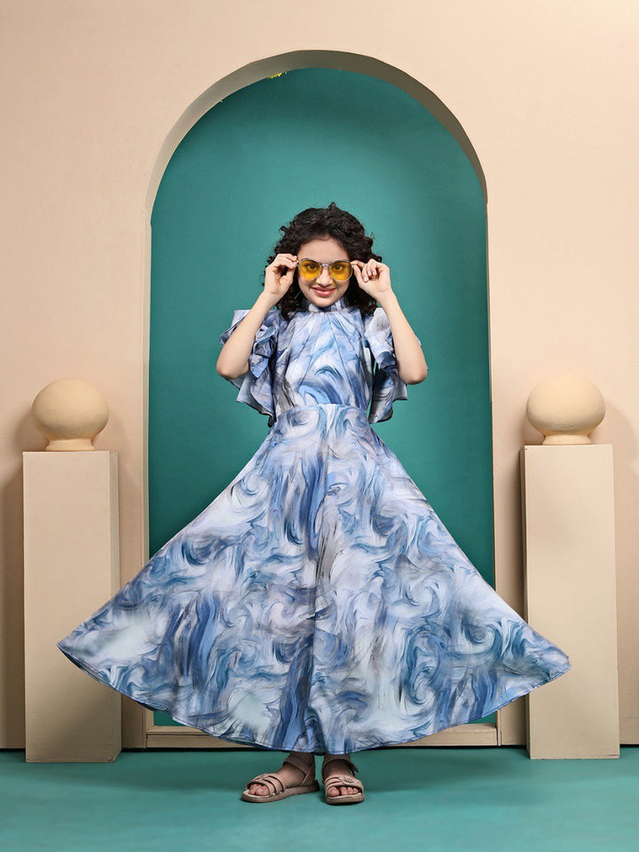 Sky Blue Colour Maslin shibori Printed Fit & Flare Maxi Length Dress