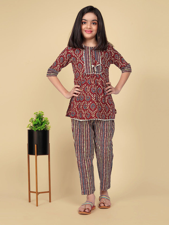 Maroon Colour Cotton Printed Co-ord set
