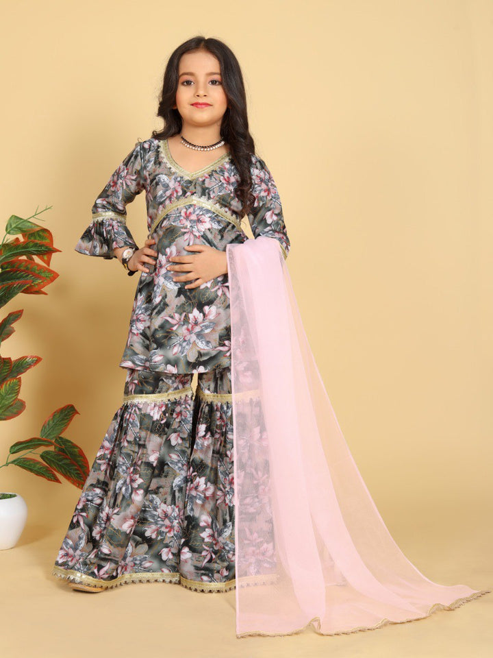 Black Colour Maslin Printed Aliya Cut Top with Gharara Dupatta set