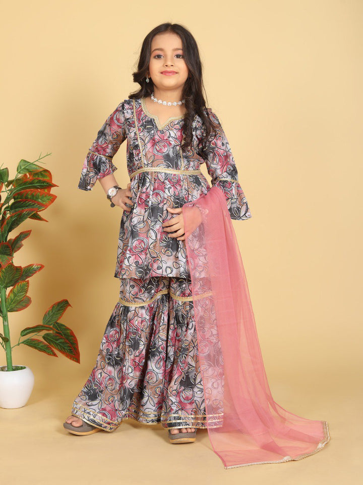Multi Colour Maslin Printed Aliya Cut Top with Gharara Dupatta set