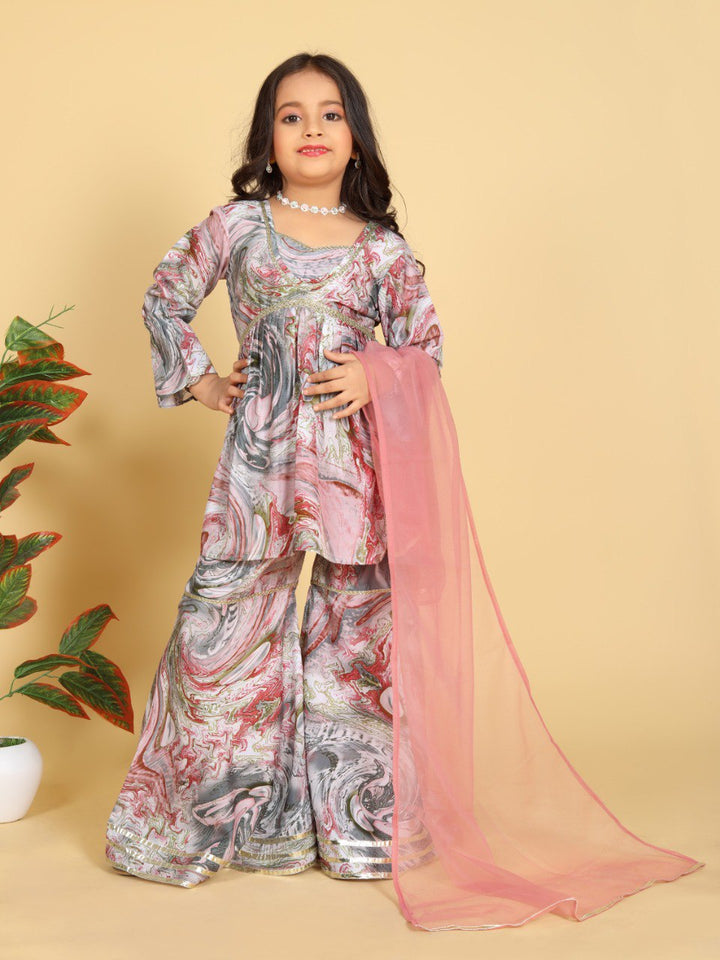 Pink Colour Maslin Printed Aliya Cut Top with Gharara Dupatta set