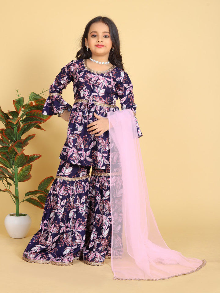 Purple Colour Maslin Printed Aliya Cut Top with Gharara Dupatta set