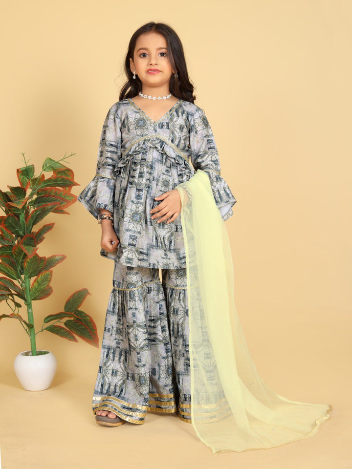 Grey Colour Maslin Printed Aliya Cut Top with Gharara Dupatta set