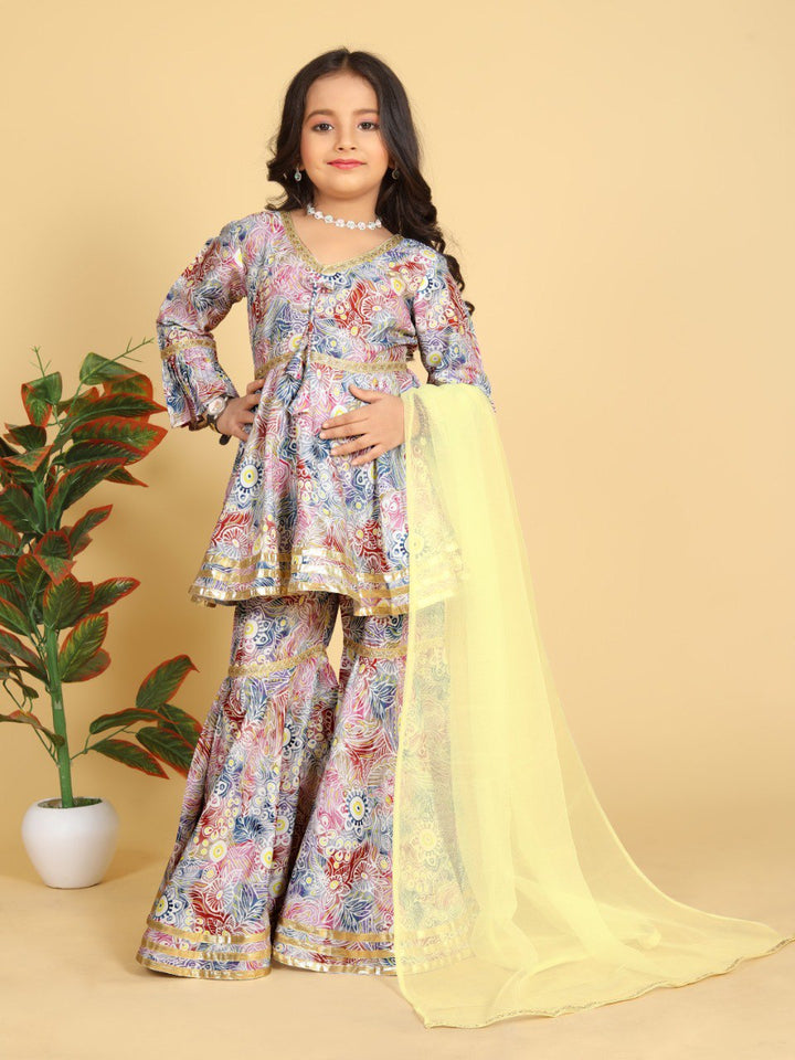 Multi Colour Maslin Printed Aliya Cut Top with Gharara Dupatta set
