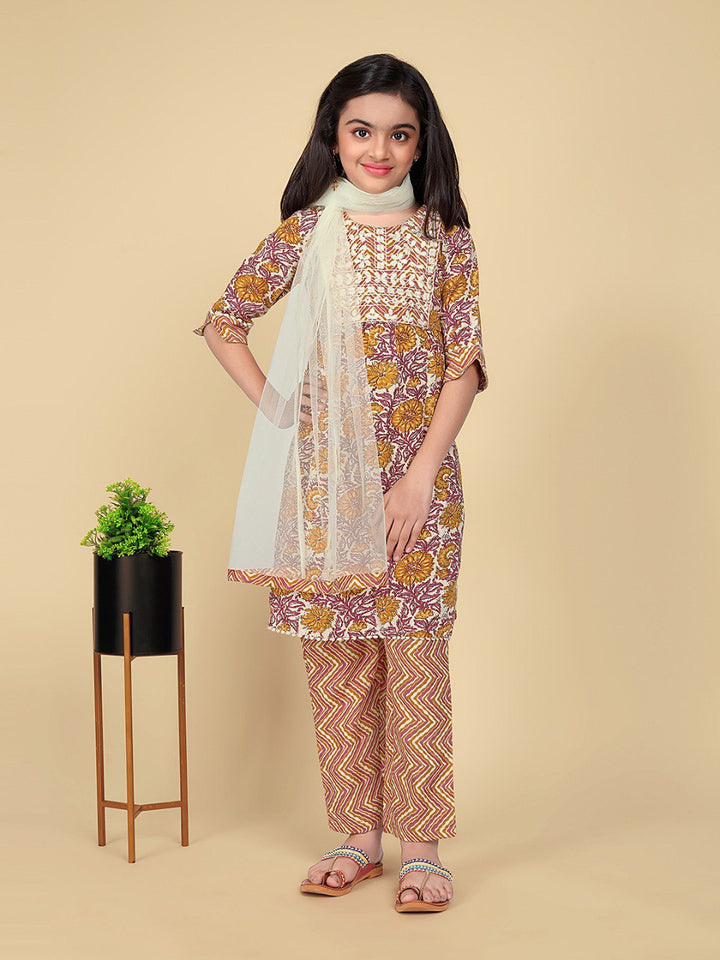 Yellow Colour Cotton Printed Embrodrery Kurta with Bottom Dupatta set