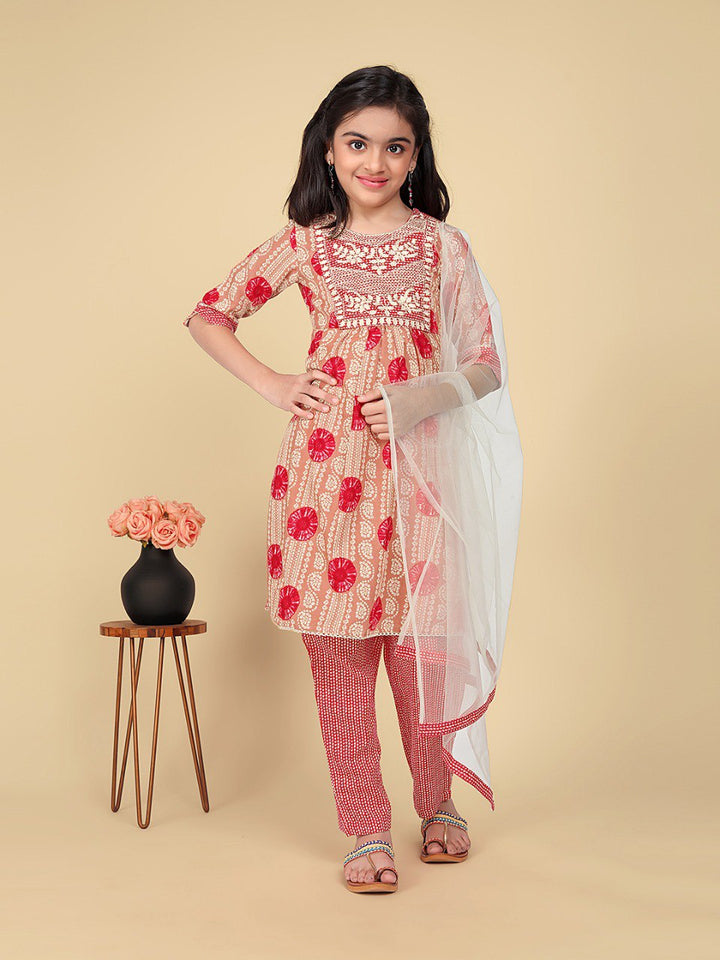 Pink Colour Cotton Printed Embrodrery Kurta with Bottom Dupatta set