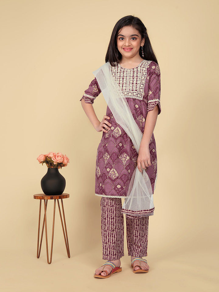 Purple Colour Cotton Printed Embrodrery Kurta with Bottom Dupatta set