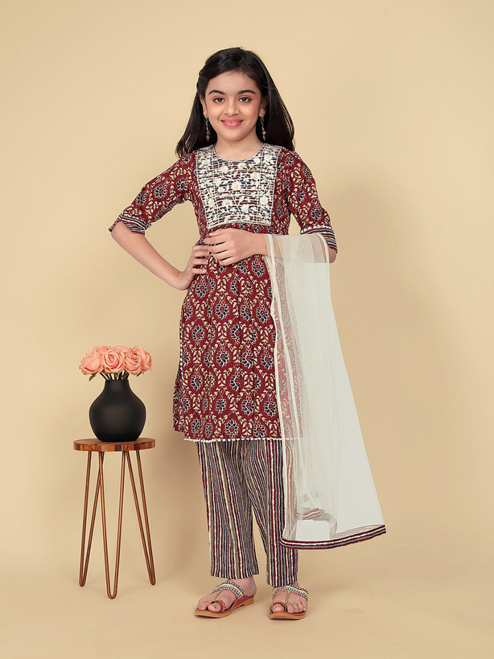 Maroon Colour Cotton Printed Embrodrery Kurta with Bottom Dupatta set