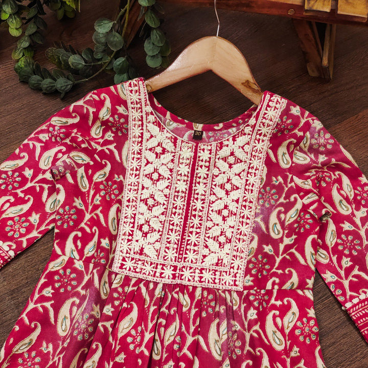 Red Colour Cotton Printed Embrodrery Kurta with Bottom Dupatta set