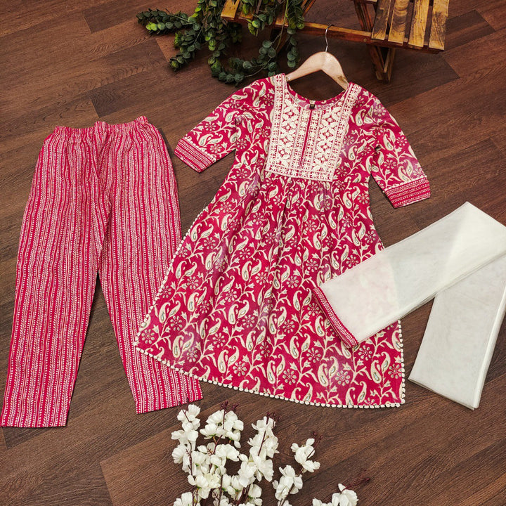 Red Colour Cotton Printed Embrodrery Kurta with Bottom Dupatta set