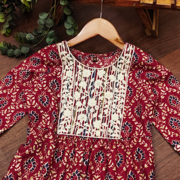 Maroon Colour Cotton Printed Embrodrery Kurta with Bottom Dupatta set