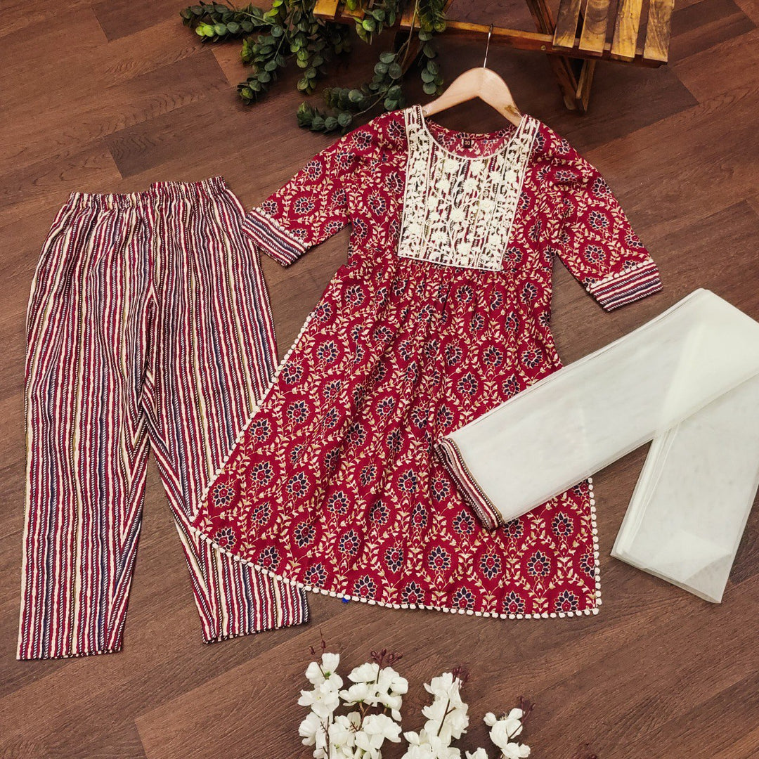Maroon Colour Cotton Printed Embrodrery Kurta with Bottom Dupatta set