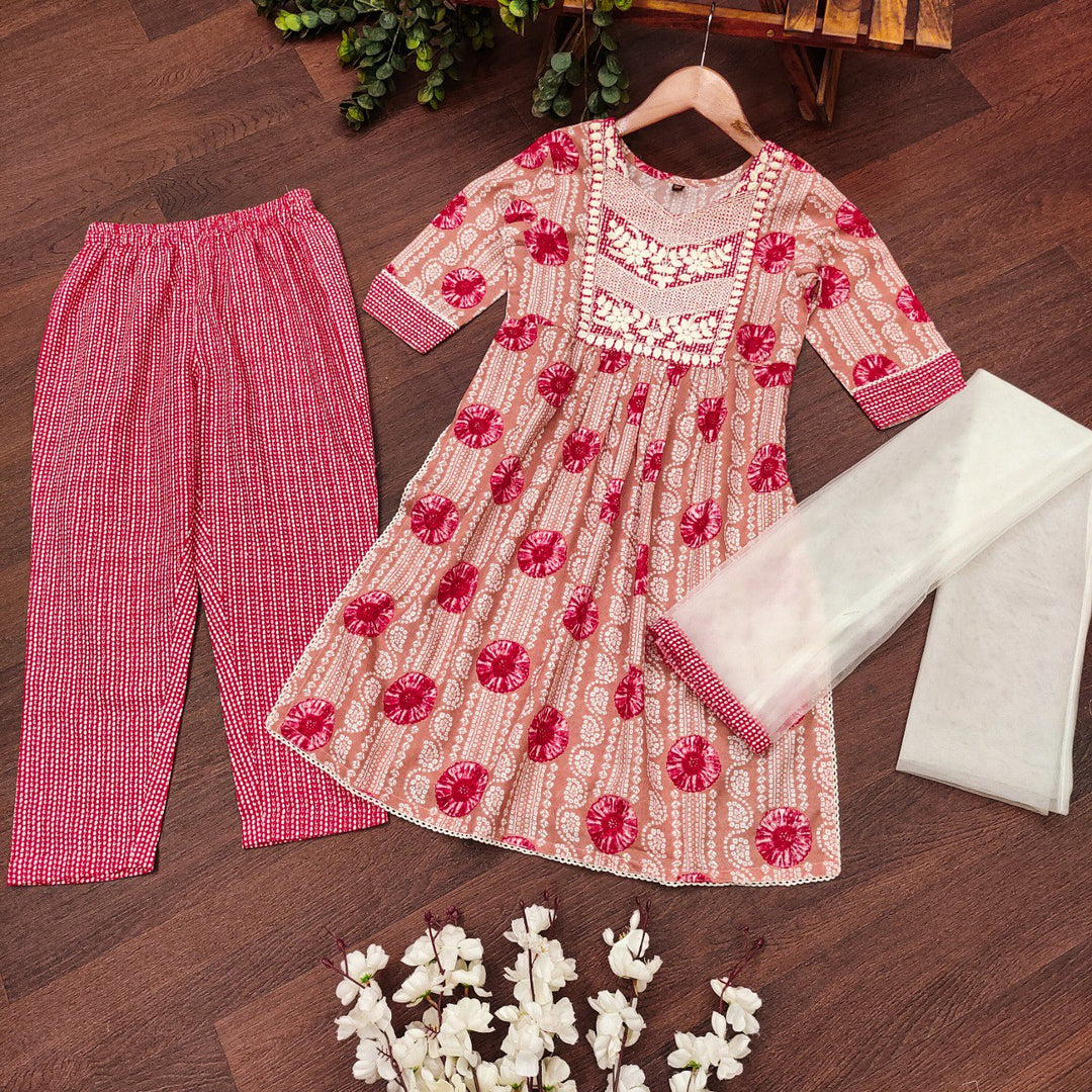 Pink Colour Cotton Printed Embrodrery Kurta with Bottom Dupatta set