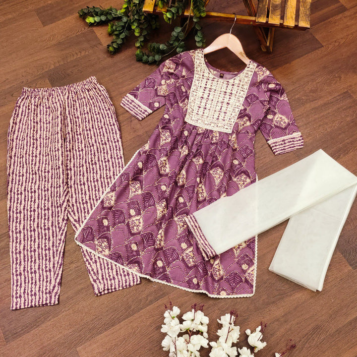 Purple Colour Cotton Printed Embrodrery Kurta with Bottom Dupatta set