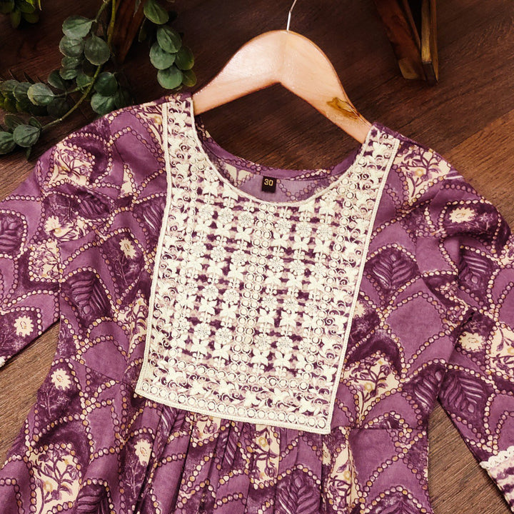Purple Colour Cotton Printed Embrodrery Kurta with Bottom Dupatta set