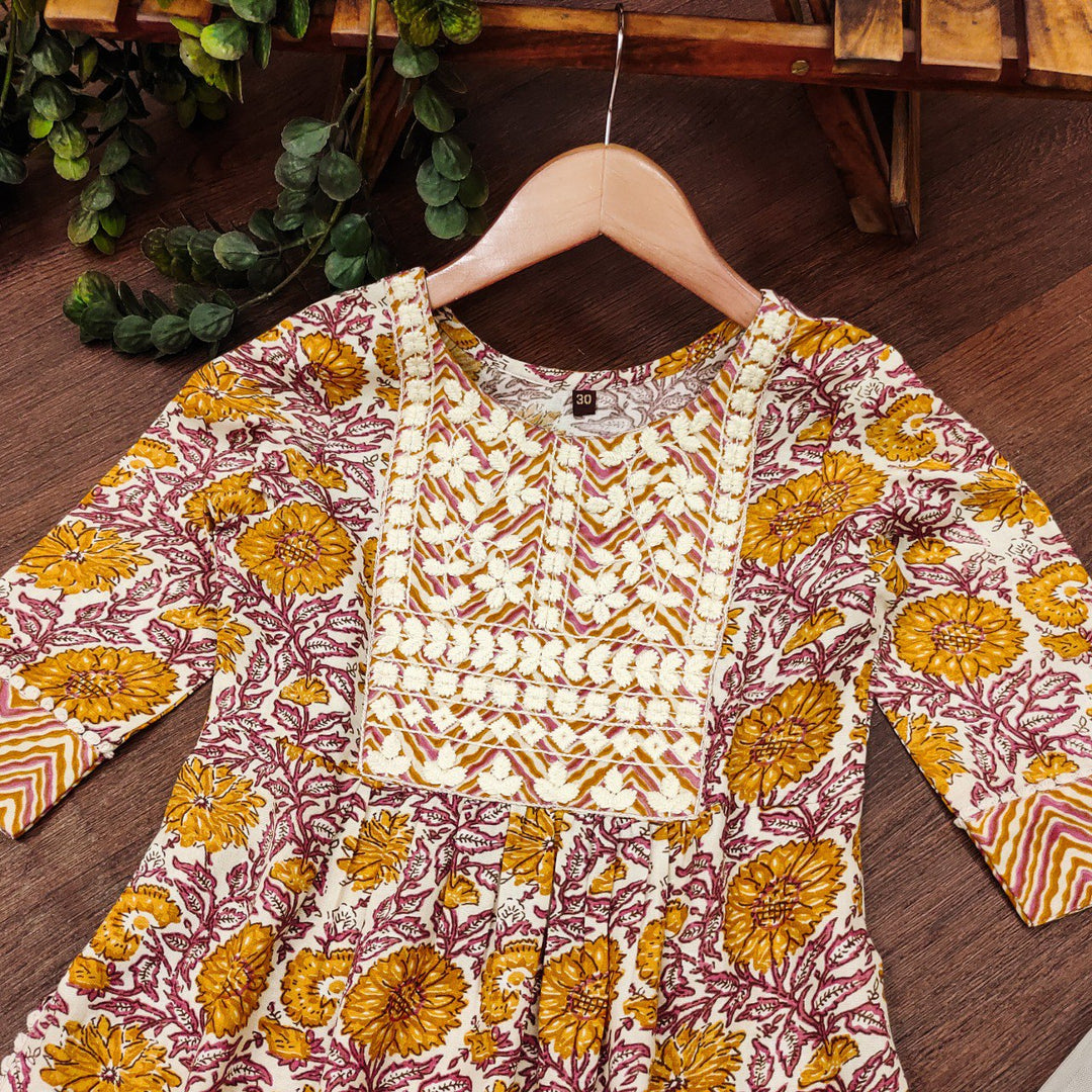 Yellow Colour Cotton Printed Embrodrery Kurta with Bottom Dupatta set