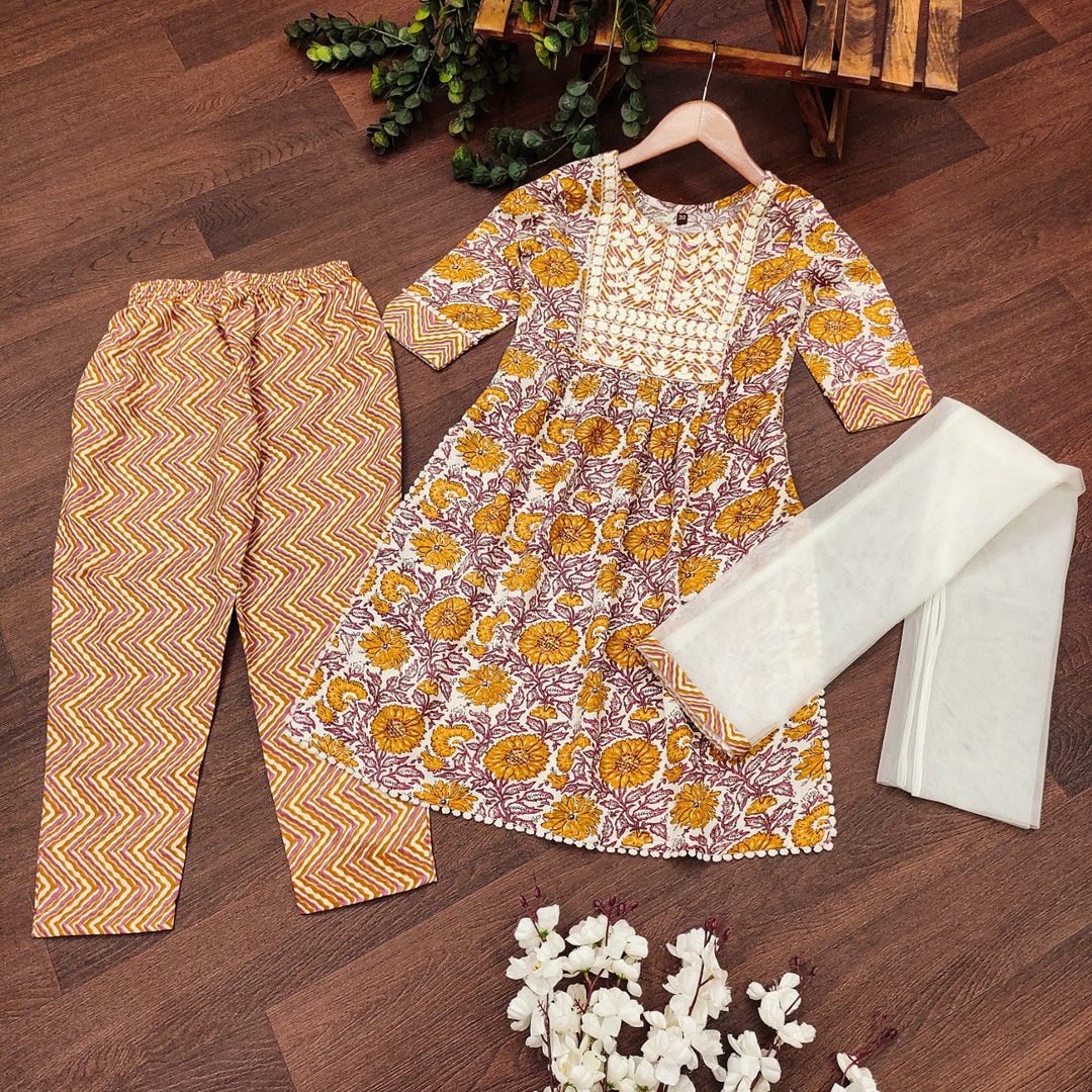 Yellow Colour Cotton Printed Embrodrery Kurta with Bottom Dupatta set
