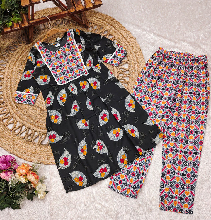 Black Colour Reyon Printed Nayara Cut Floral Printed Girls kurta set