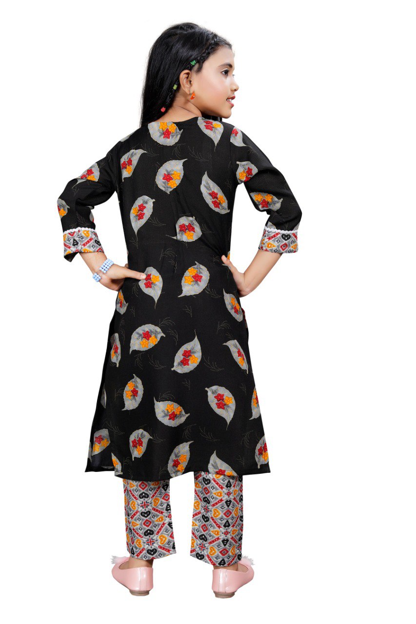 Black Colour Reyon Printed Nayara Cut Floral Printed Girls kurta set