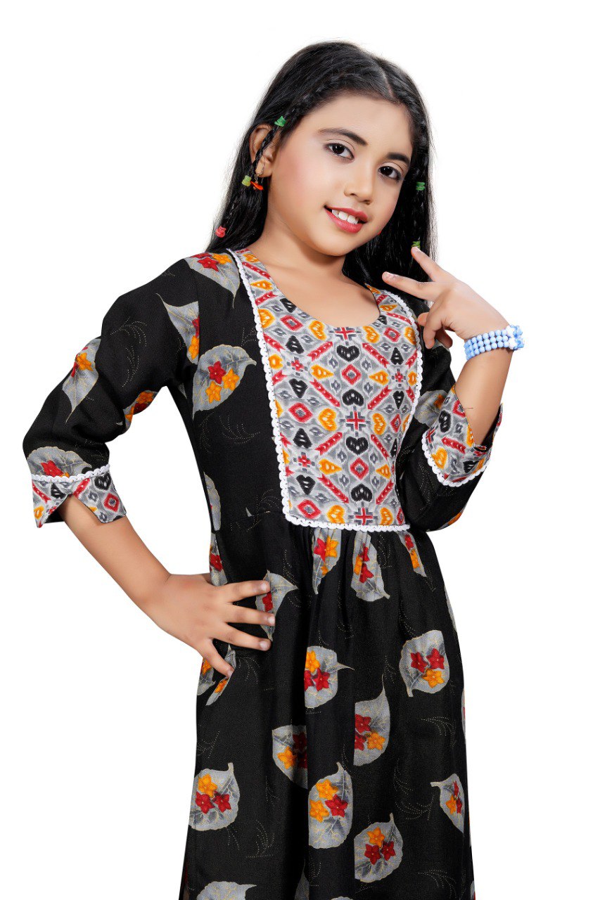 Black Colour Reyon Printed Nayara Cut Floral Printed Girls kurta set