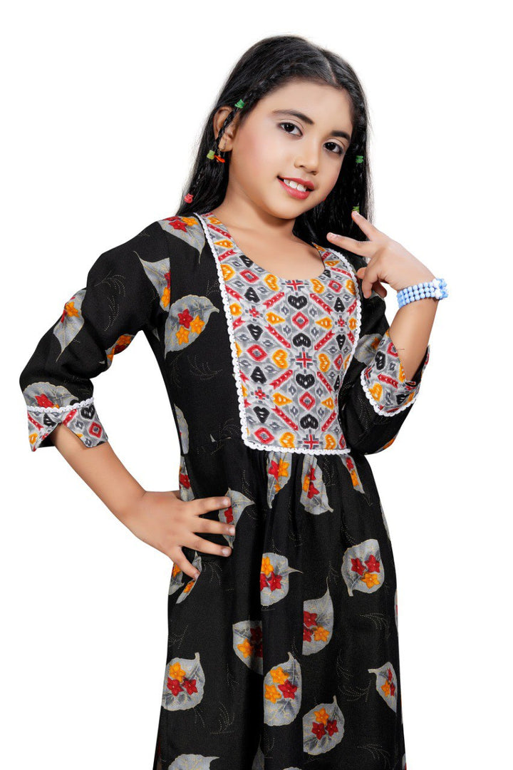 Black Colour Reyon Printed Nayara Cut Floral Printed Girls kurta set
