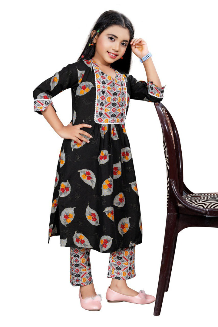 Black Colour Reyon Printed Nayara Cut Floral Printed Girls kurta set