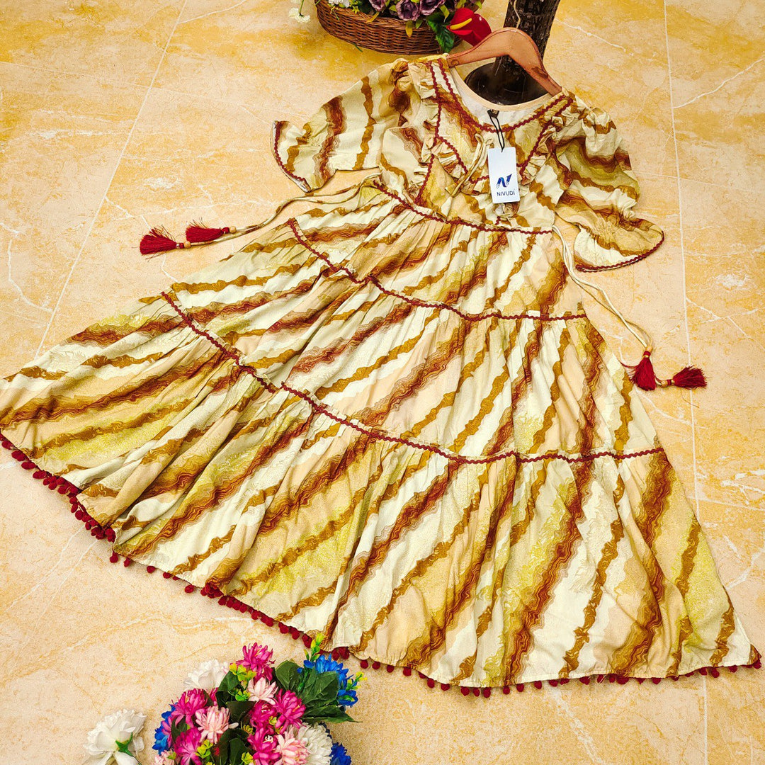 Musted Colour Maslin Printed Cotton Lace Anarkali Dress