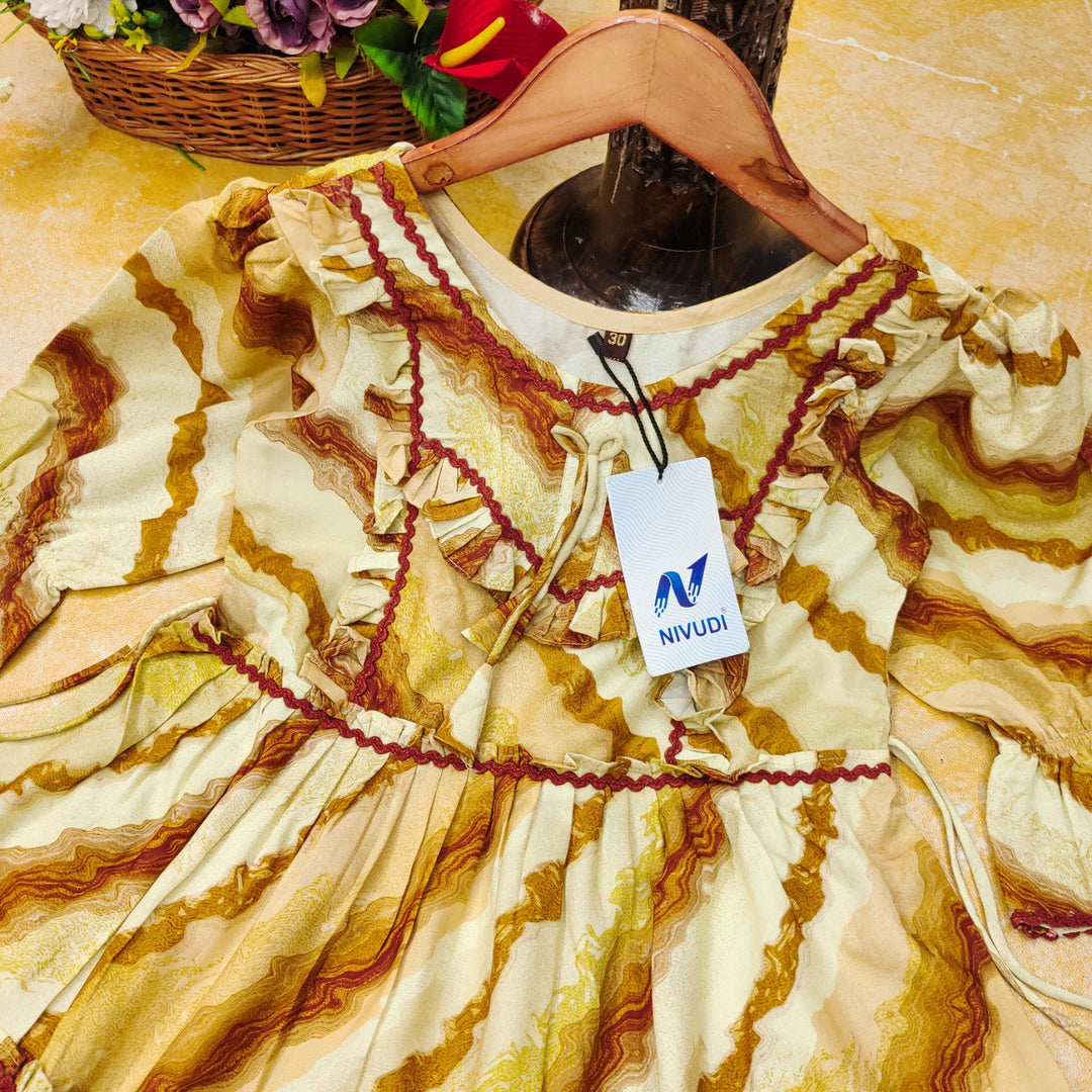 Musted Colour Maslin Printed Cotton Lace Anarkali Dress