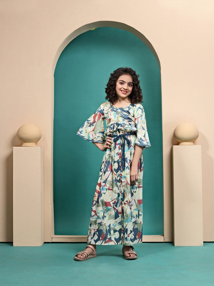 Multi Colour Maslin Printed Crop Top And Skirt Set