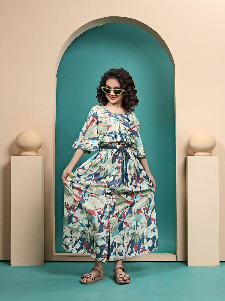 Multi Colour Maslin Printed Crop Top And Skirt Set