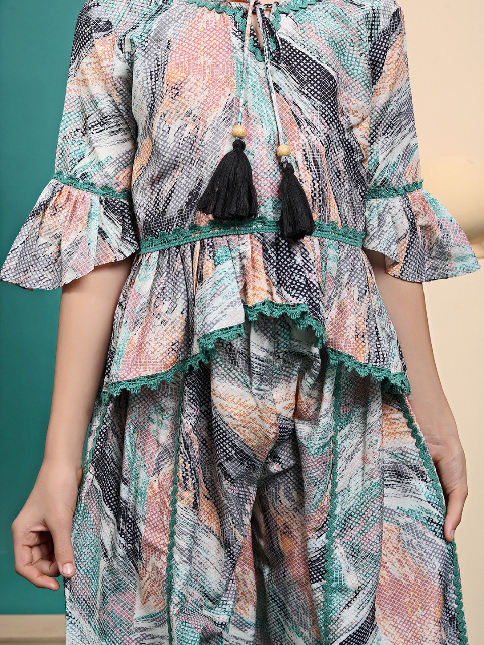 Multi Colour Maslin Printed Peplum Top And Plazzo Set