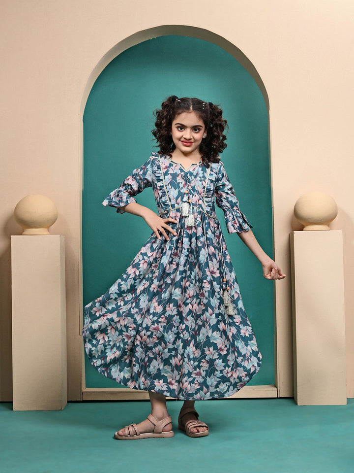 Blue Colour Maslin Printed Anarkali gown for girls