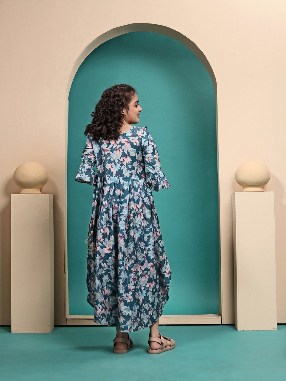 Blue Colour Maslin Printed Anarkali gown for girls
