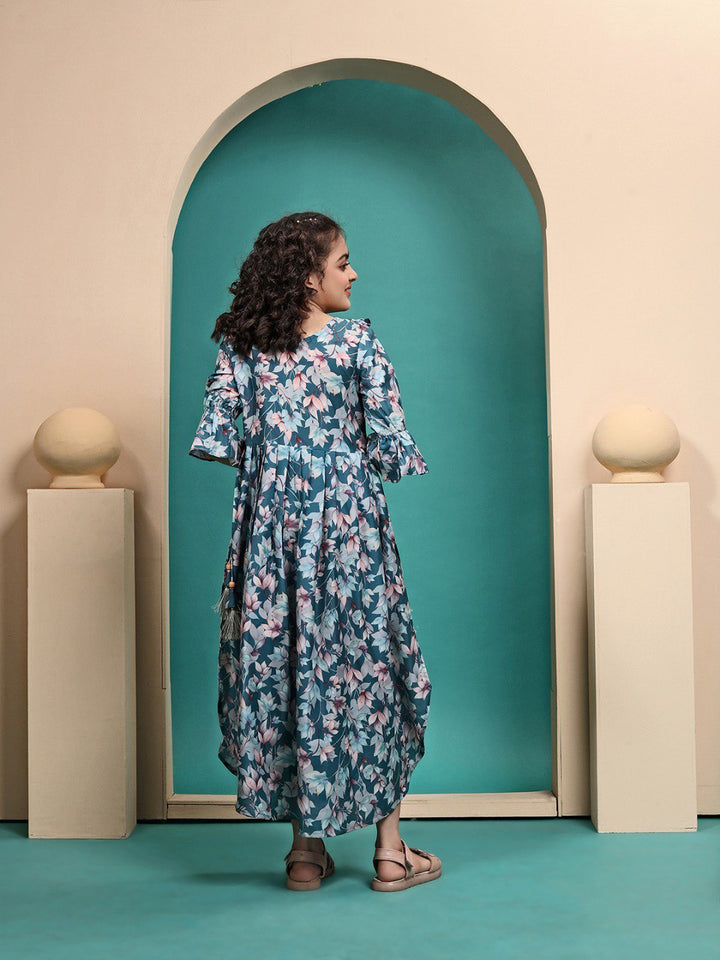 Blue Colour Maslin Printed Anarkali gown for girls