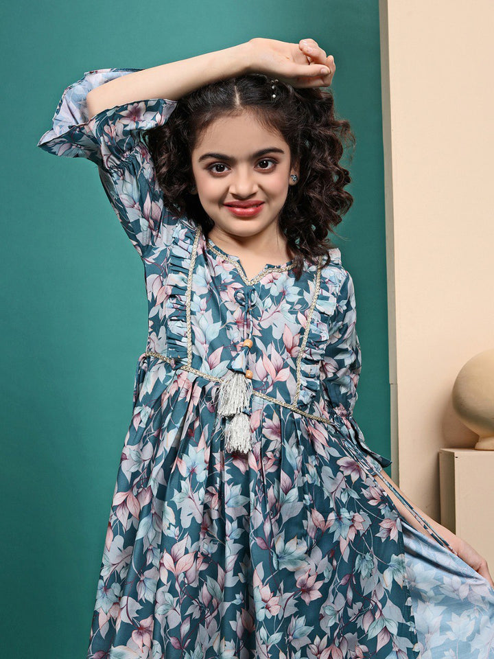 Blue Colour Maslin Printed Anarkali gown for girls