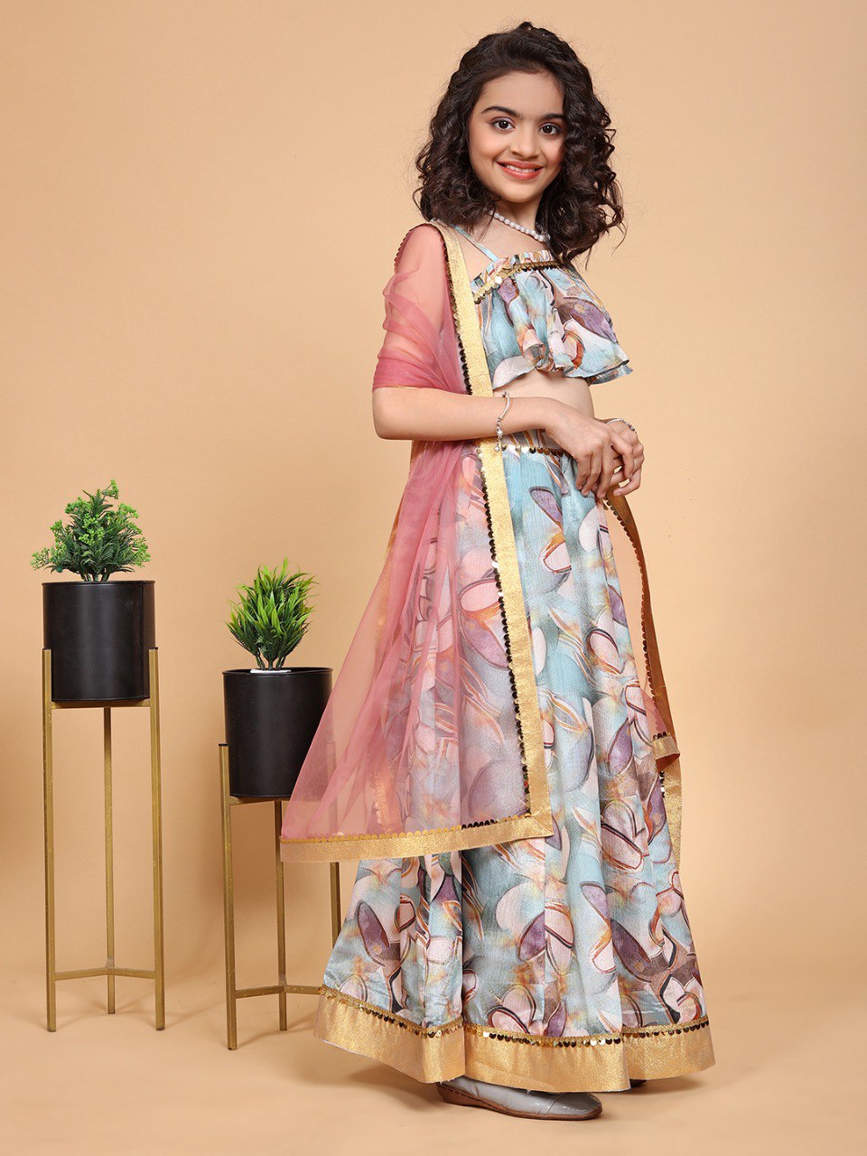Sky Blue Colour Chinon Oneside sleeve Printed Girls Lehenga Choli Set