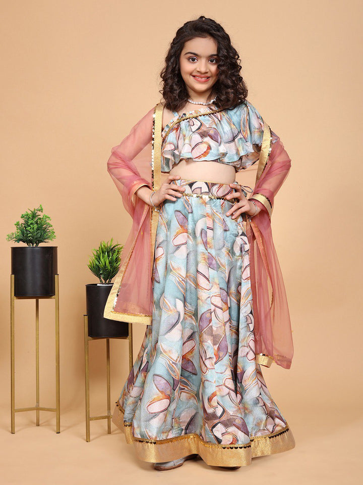 Sky Blue Colour Chinon Oneside sleeve Printed Girls Lehenga Choli Set