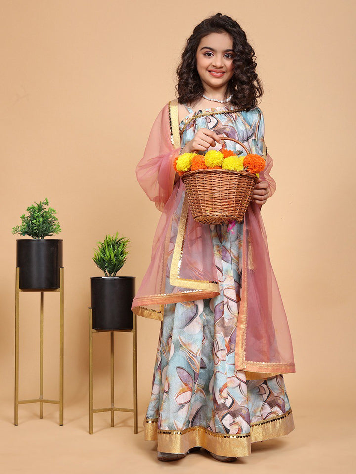 Sky Blue Colour Chinon Oneside sleeve Printed Girls Lehenga Choli Set