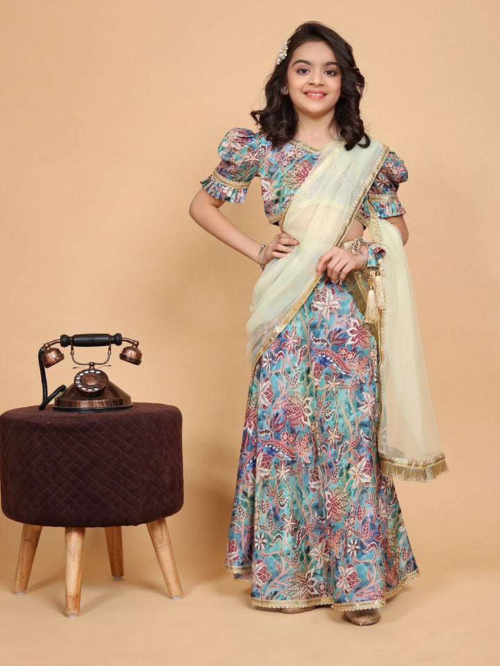 Multi Colour Chinon Printed Girls Lehenga Choli Set