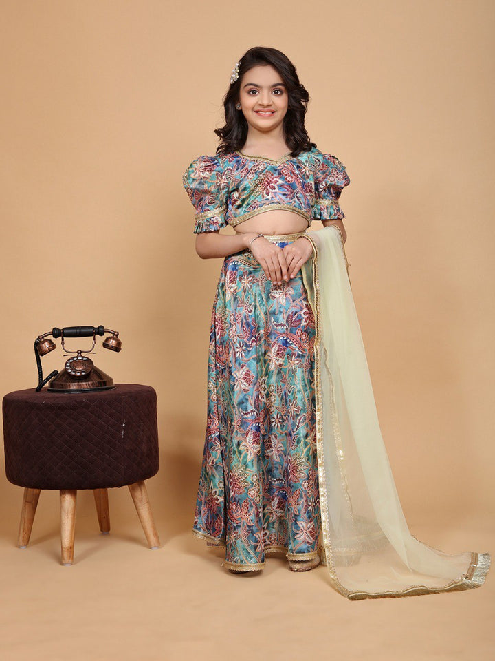 Multi Colour Chinon Printed Girls Lehenga Choli Set