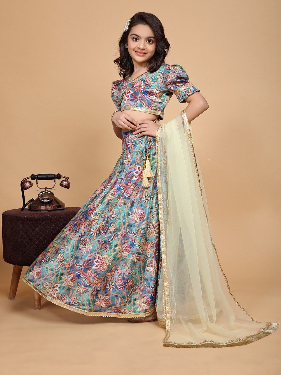 Multi Colour Chinon Printed Girls Lehenga Choli Set
