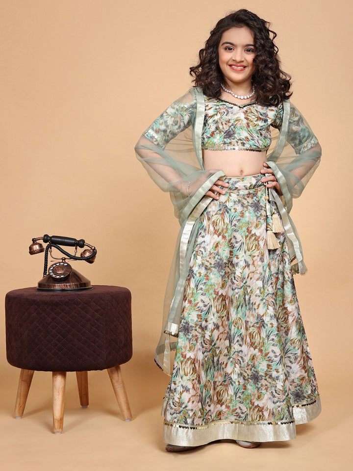 Mint Green Colour Chinon Printed Girls Lehenga Choli Set
