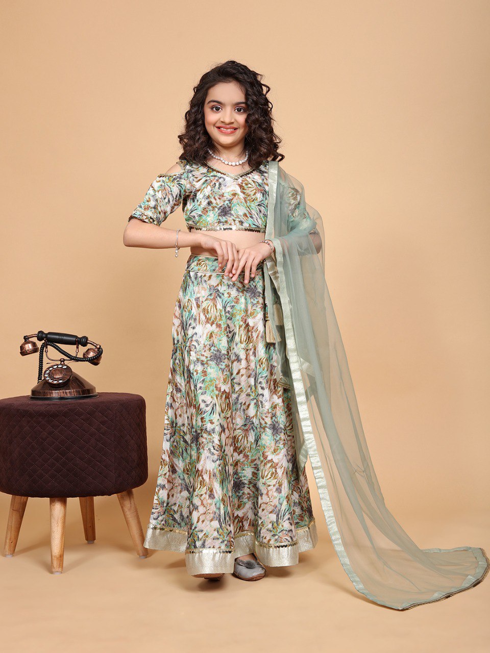Mint Green Colour Chinon Printed Girls Lehenga Choli Set