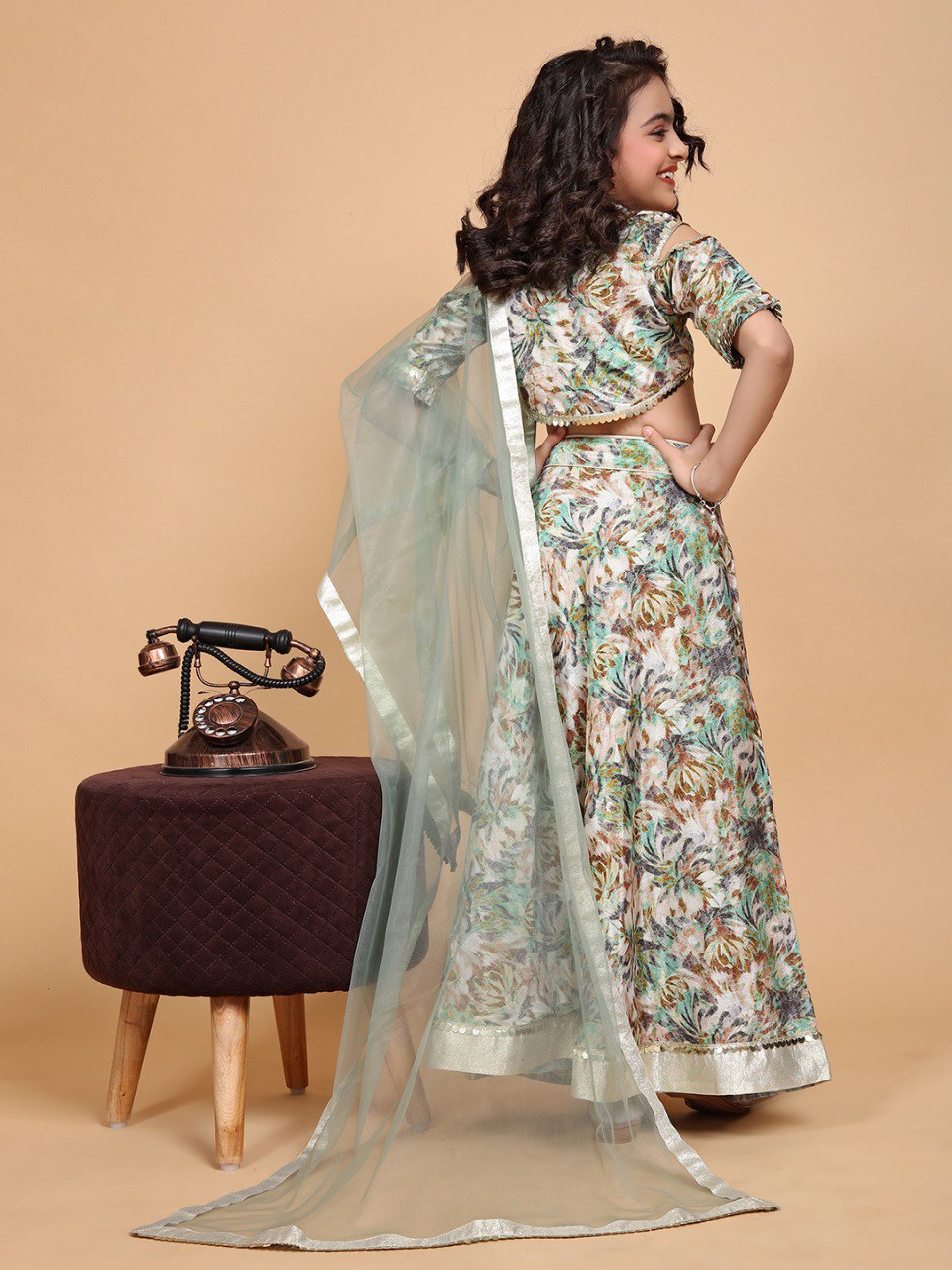 Mint Green Colour Chinon Printed Girls Lehenga Choli Set