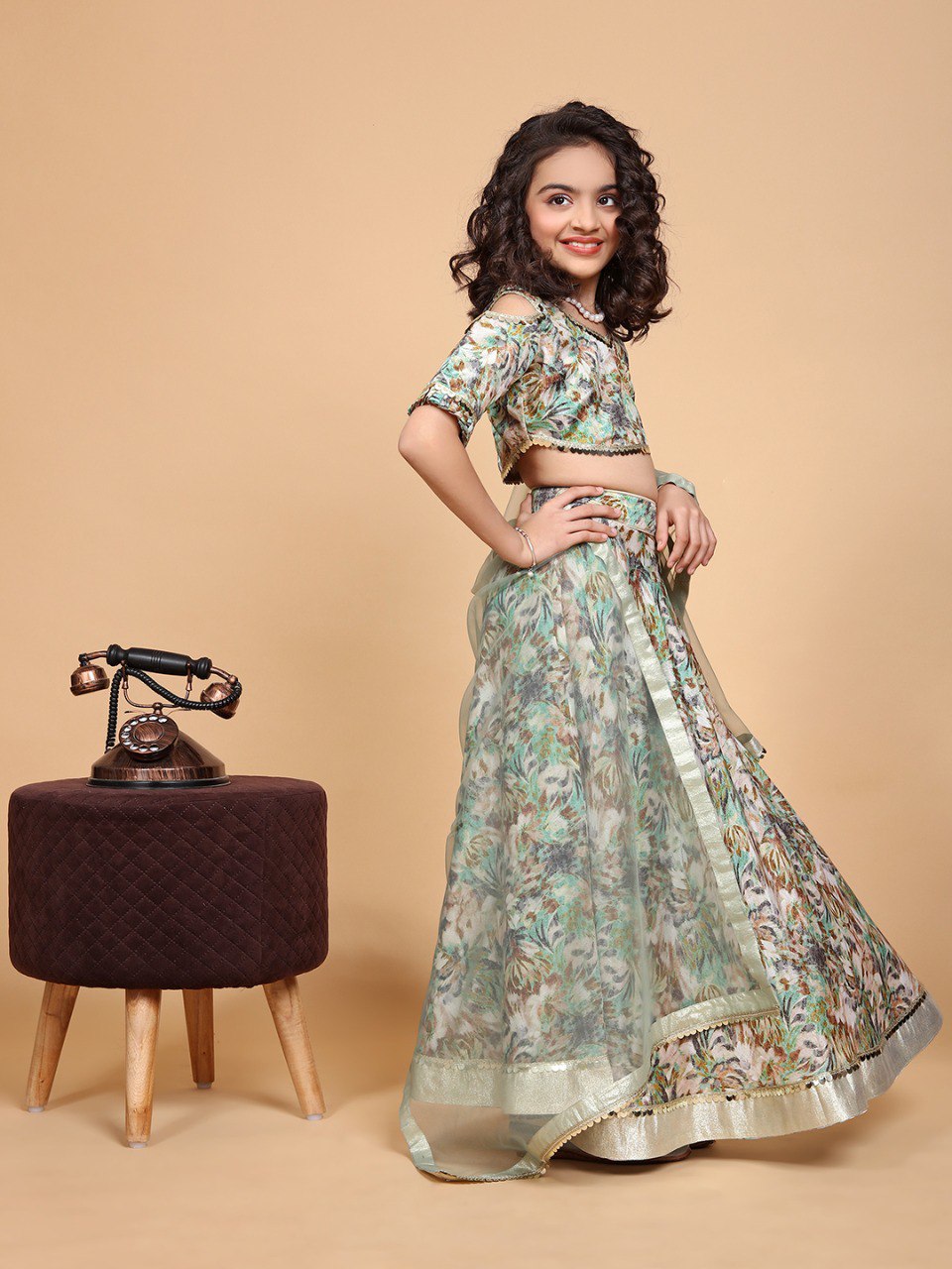 Mint Green Colour Chinon Printed Girls Lehenga Choli Set