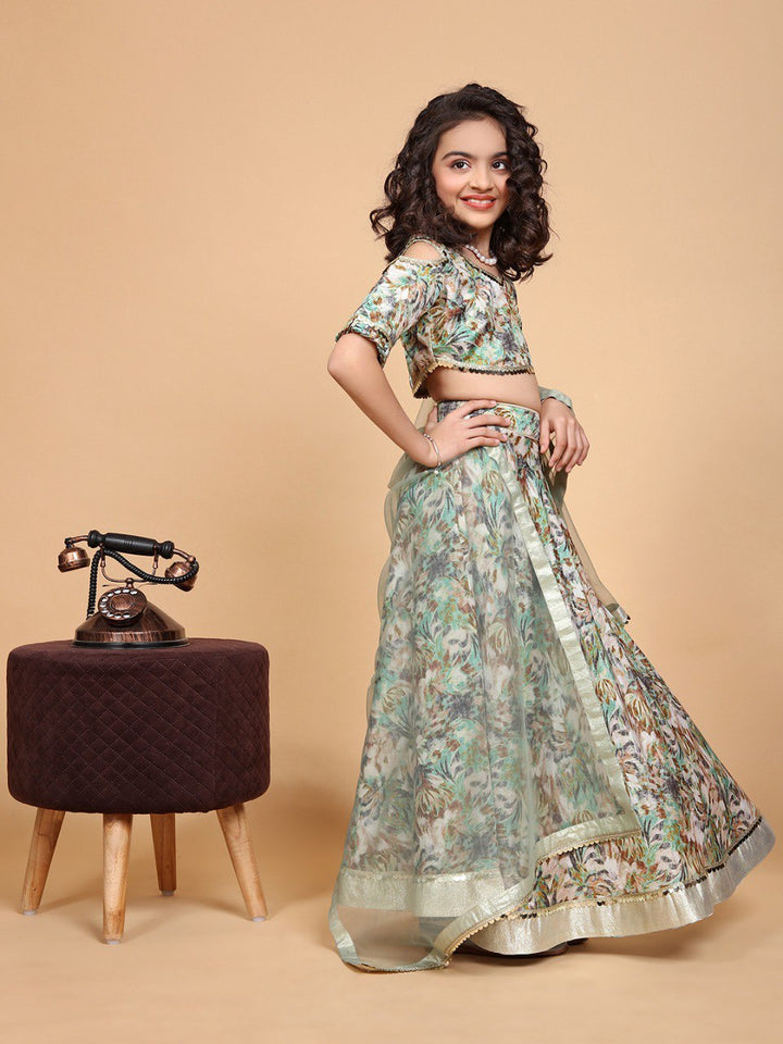 Mint Green Colour Chinon Printed Girls Lehenga Choli Set