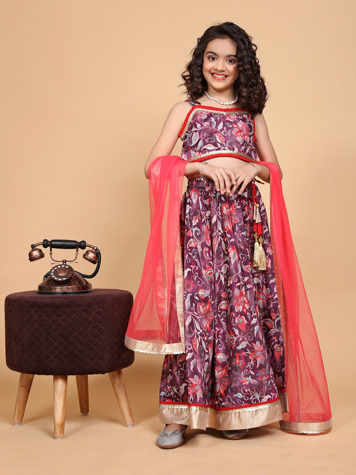 Purple Colour Chinon Sleeve lace Printed Girls Lehenga Choli Set