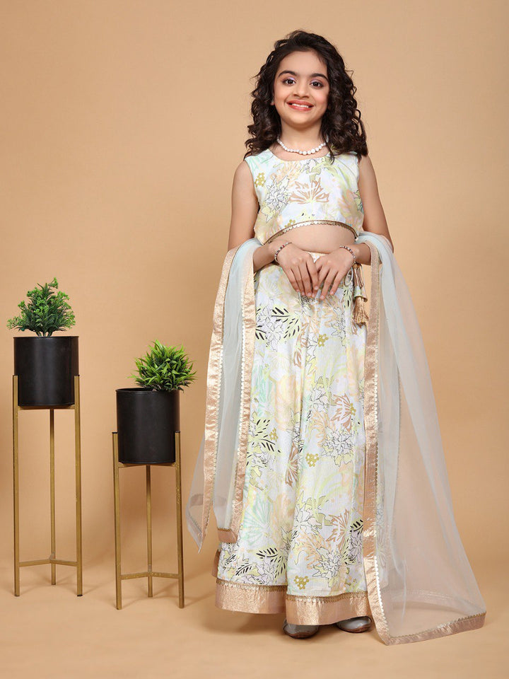 Mint Green Colour Chinon Chiffon Printed Girls Lehenga Choli Set