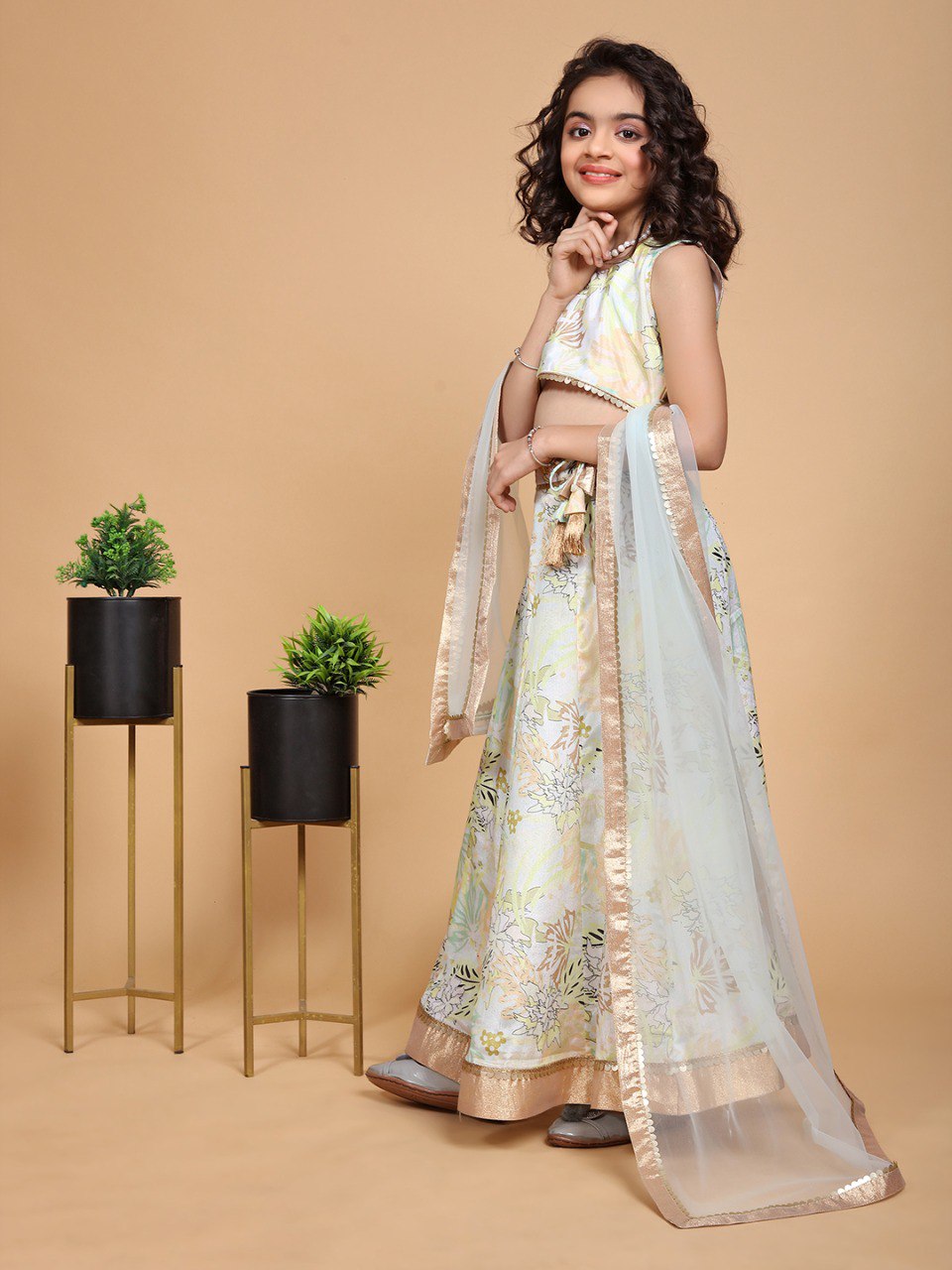 Mint Green Colour Chinon Chiffon Printed Girls Lehenga Choli Set
